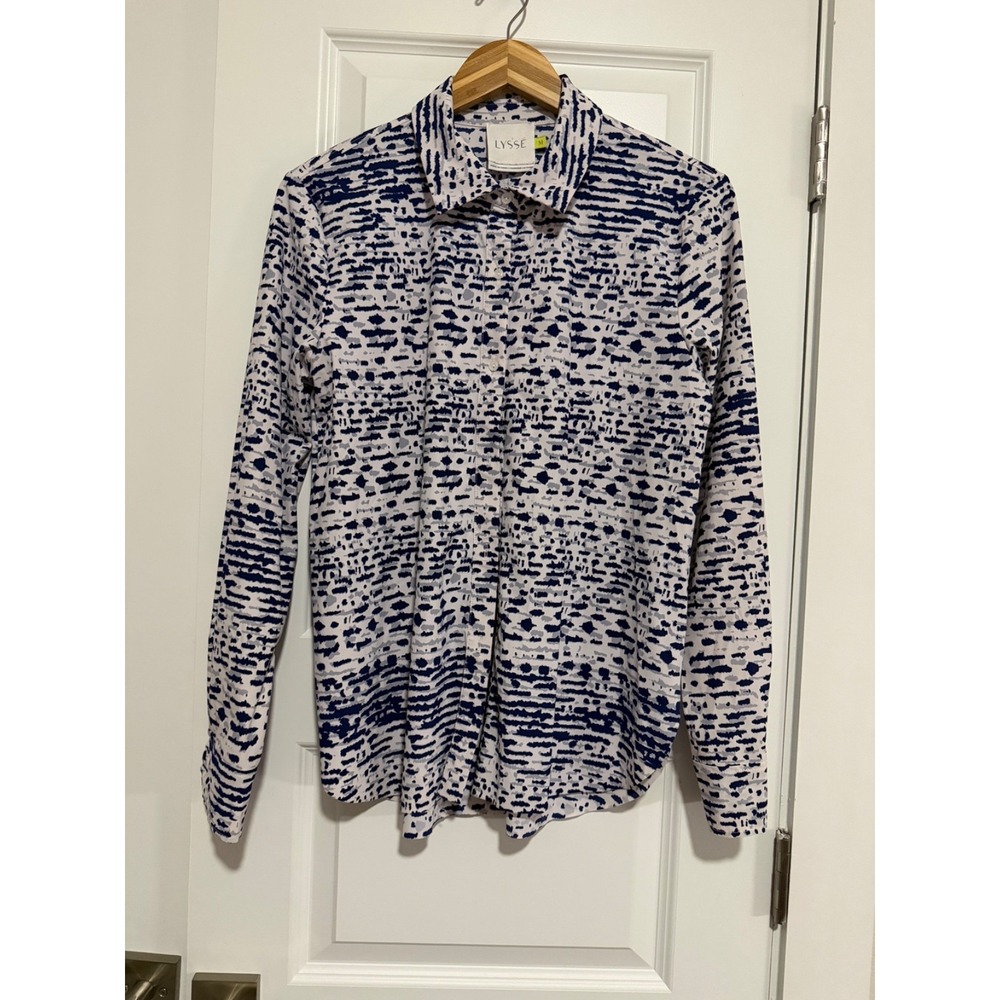LYSSE Collar Shirt Button Blouse Long Sleeve Top Blue White Pattern Women's M